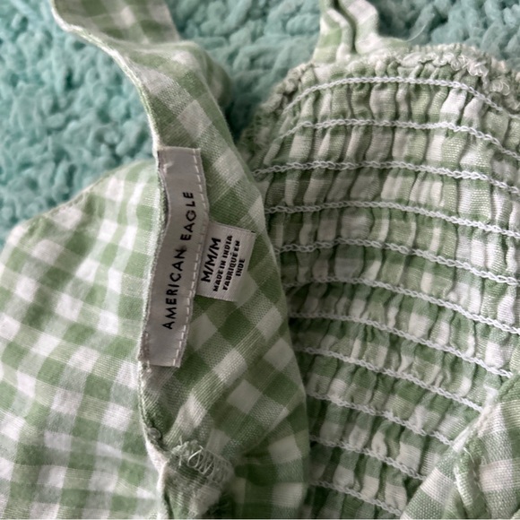 American Eagle Women SET Crop Top Pants Shirt Ruffle Gingham Green White Tie - Picture 5 of 13